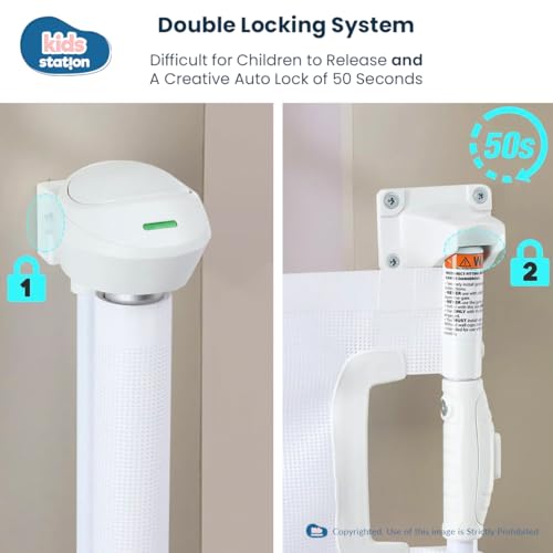 Image of Kids Station Baby Retractable Safety Gate - Gate with Two Way Auto Close - Adjustable Width - Height 90cm or 2.9ft - Expandable to 140cm or 4.6ft (White)