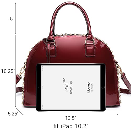 Dasein Patent Rhinestone Handbags For Women Studded Dome Zip Around Shoulder Bags Designer Purses, Color-Red #TOP2