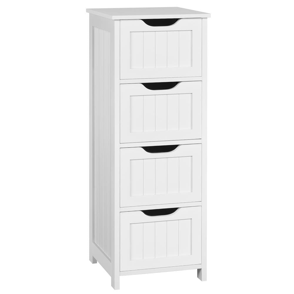 Yaheetech Bathroom Floor Cabinet, Wooden Freestanding Storage Organizer with 4 Drawers, Slim Unit for Living Room&Hallway, Modern Style, Sturdy Construction, White