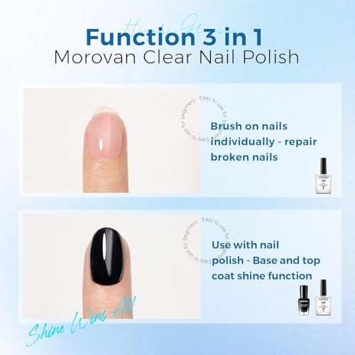 Morovan 3in1 Klarer Nagellack: Base Coat Top Coat 3in1 Nail Strengthener Clear Nail Varnish 15ml