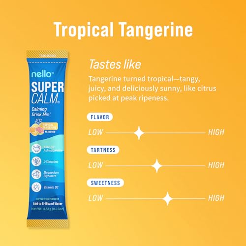 Image of Nello Supercalm Powdered Drink Mix, Cortisol Reducer* and Sleep Aid Supplement, L Theanine, Ksm-66 Ashwagandha, Magnesium Glycinate, Vitamin D 3, No Sugar, Non GMO, 20 Ct, Tropical Tangerine