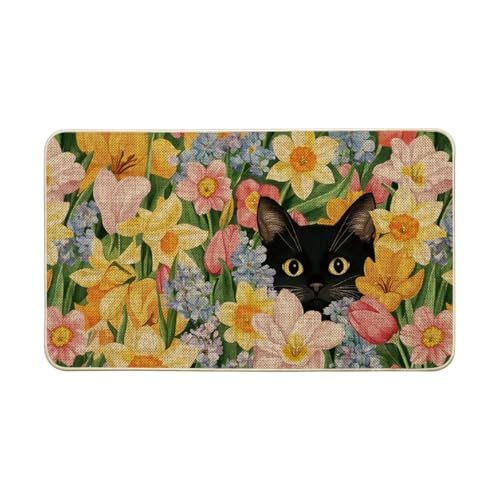 Artoid Mode Black Cat Floral Flowers Spring Doormat,Home Decor Door Mat Low-Profile Switch Rug Floor...