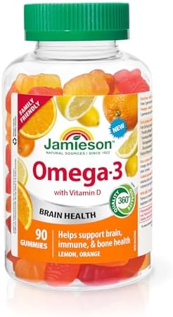 Jamieson Omega-3 Gummies with Vitamin D3, Orange and Lemon Flavours, Family Friendly (3+). Supports Brain Health and Immune Health, Gluten-Free, Non-GMO, No Artificial Colours, Flavours, or Preservatives 90 Count