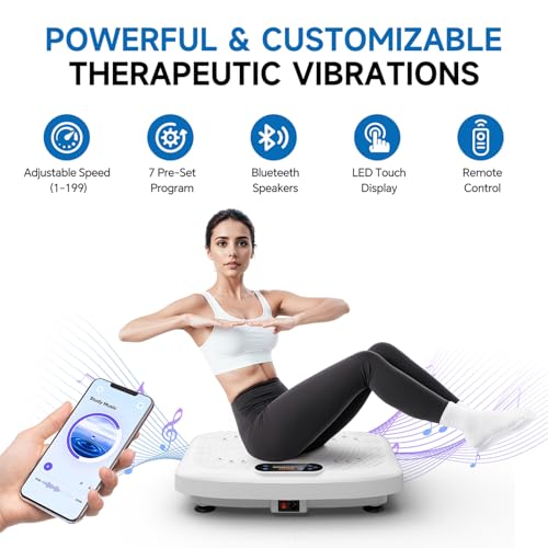 Vibration Plate Exercise Machine Weight Loss, Full Body Workout Vibration Plate Lymphatic Drainage, 199 Adjustable Speeds Power Shaping Vibrating Plate 450 Lbs Capacity Fitness Platform White