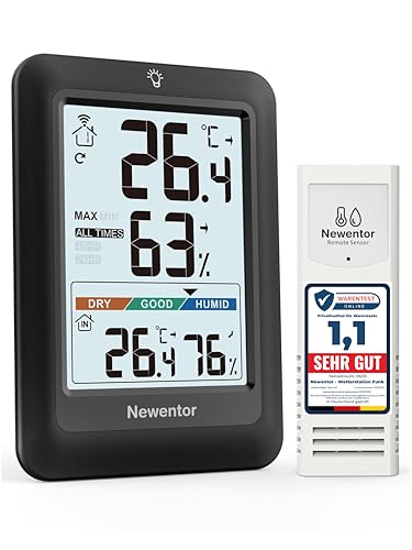 Newentor MAX MIN Thermometer innen außen 24/48 Std./alle Zeiten - Hygrometer Luftfeuchtigkeitsmesser mit Luftkomfort - Wetterstation Funk mit Außensensor - Raumthermometer mit Beleuchtung, Schwarz