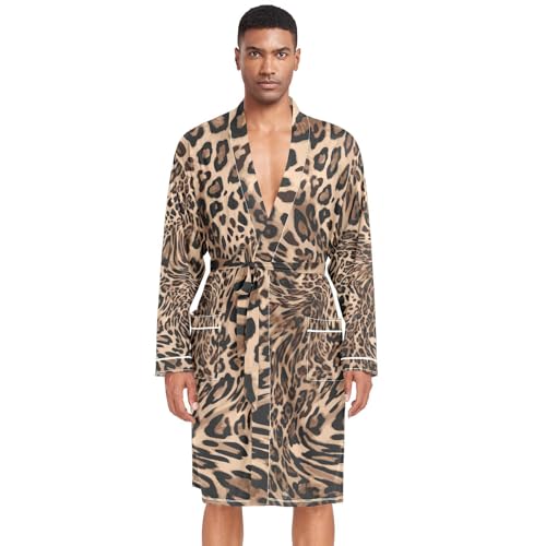 OTVEE Mens Summer Kimono Robe Brown Leopard Prints Long Sleeve Pajamas Thin Bathrobes