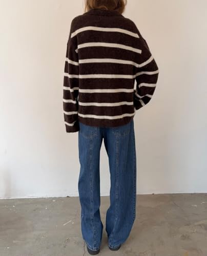 Women Striped Collared Sweater Y2k Oversized Knitted Rugby Pullover Fashion Fall Lapel V Neck Polo Jumpers3