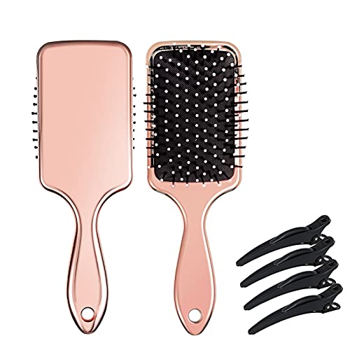 Detangling Paddle Hairbrush for Long Thick Fine Curly Straight Hair, Texture Metallic Feeling Brush Anti-Static, Gift Box with 4Pieces Styling Clips(rose gold)