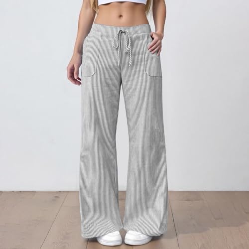 Womens Striped Linen Pants Low Rise Plus Size Fashion Drawstring Elastic Waist Casual Palazzo Trousers With Pockets2