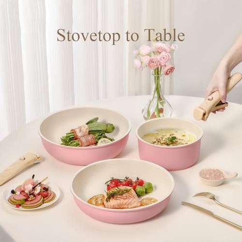 Image of CAROTE Pots and Pans Set, Nonstick Cookware Set Detachable Handle, 19pcs Induction Kitchen Cookware Sets Non Stick with Removable Handle, RV Cookware Set, Oven Safe, Pink