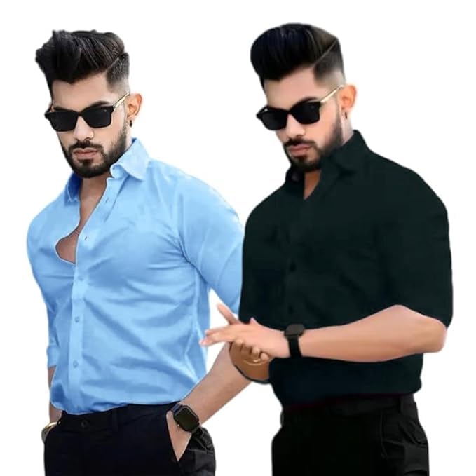 Image of Pinkmint Men's Solid Shirt | Soft Cotton Blend | Casual Shirt | Plain | Full Sleeve - Regular Fit (Available in Plus Size and Pack of 2)