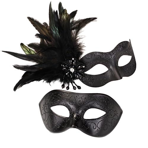 MYSEUNI Schwarze Masken Set für Paare - Maskenballmaske für Damen mit Federn und venezianischer Maske für Männer, Fasching Gras, Halloween, Cosplay, Ball, Weihnachten