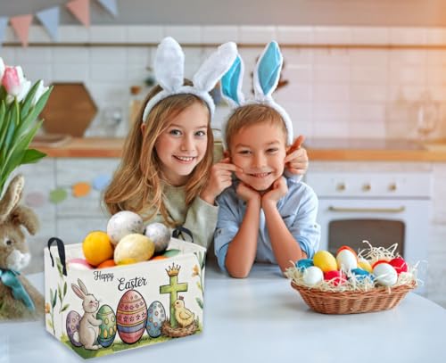 Image of Rectangular Easter Baskets, Eggs Basket for Kids.Bunny Basket with Handles.Boys and Girls,Bunny Eggs Decor,Books,( Easter