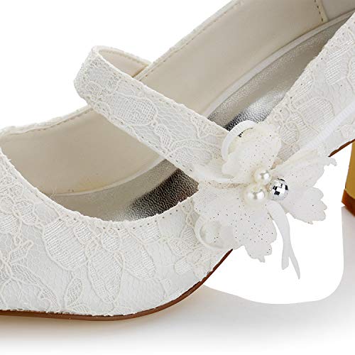JIAJIA 586449 Women's Bridal Shoes Closed Toe Mid Heel Lace Satin Pumps Satin Flower Imitation Wedding Shoes - Image 3