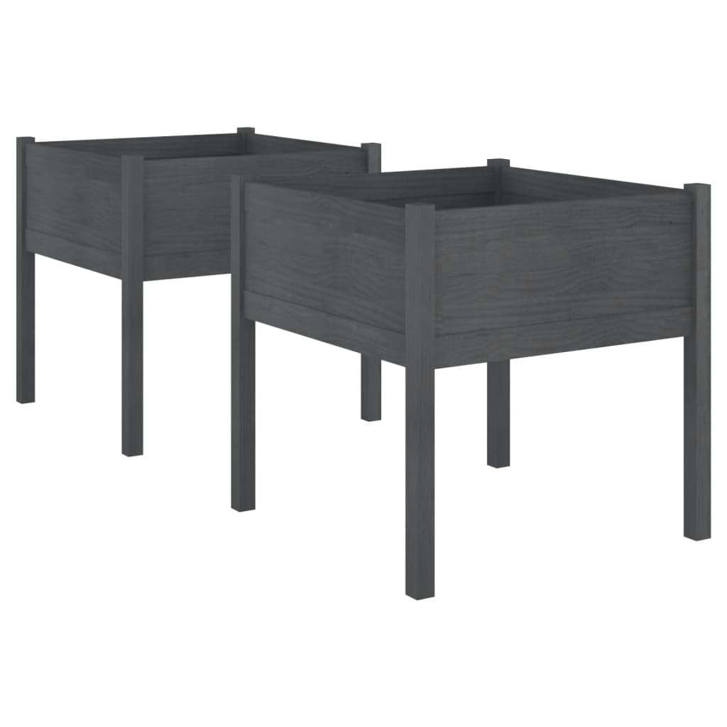 vidaXL 2x Solid Pinewood Garden Planters Outdoor Patio Terrace Backyard Wooden Raised Bed Flower Box Planter Pot Stand Divider Vegetable Herb Bed Grey