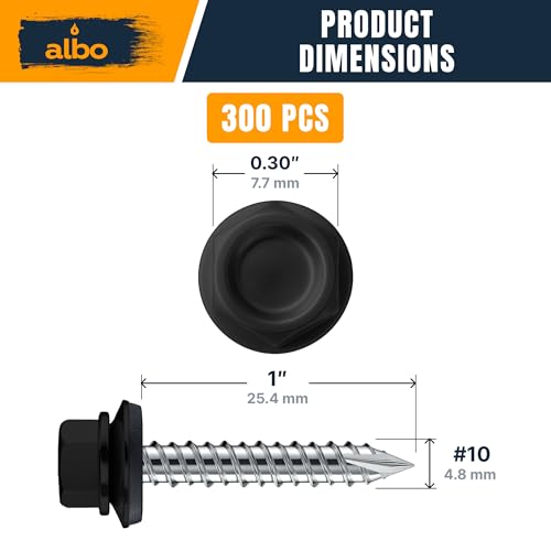 Image of ALBO 300 Pcs #10 x 1 Black Metal Roofing Screws, EPDM Washers