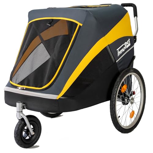 Großer Hundewagen - Innopet Hercules 2.0 Gelb/Grau - Heavy Duty Buggy Rahmen bis 50kg belastbar -inkl. Regenschutz - hintere 45cm Luftreifen/vorne pannensicheres EFA Rad - ohne Werkzeug aufzubauen