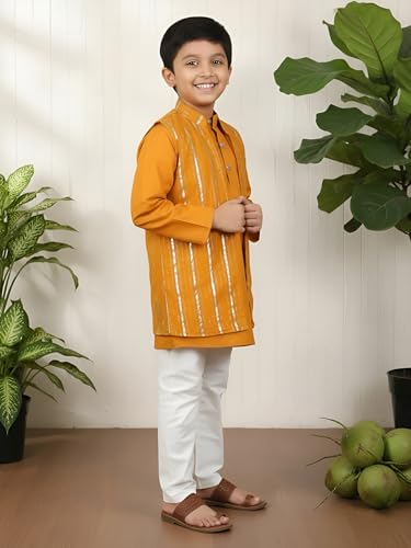 Image of POLKA TOTS Boys Cotton Ethnic Kurta Pajama Set with Attached Koti | Ethnic Motif Wear Kids Kurta Pyjama for Boys & Toddlers | Traditional Dress for Weddings & Festivals | Festive Jubba Set for Babies