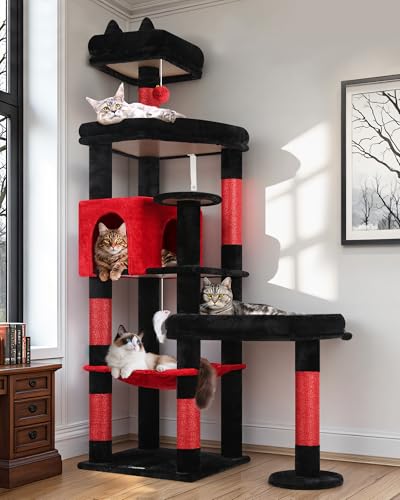 Image of Globlazer Extra Large Platform Gothic Cat Tree, 65in Tall Sturdy Goth Cat Tower for Multiple Indoor Cats, Big Cat Tree for Large Cat with 3 Enlarged Perches, 6 Scratching Posts, Condo, S65, Red Black