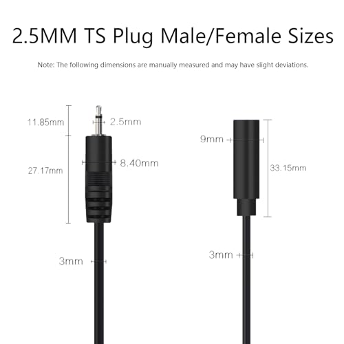 3PCS Cable de extensión 2.5mm TS 2 polos 0.25m miniatura 2