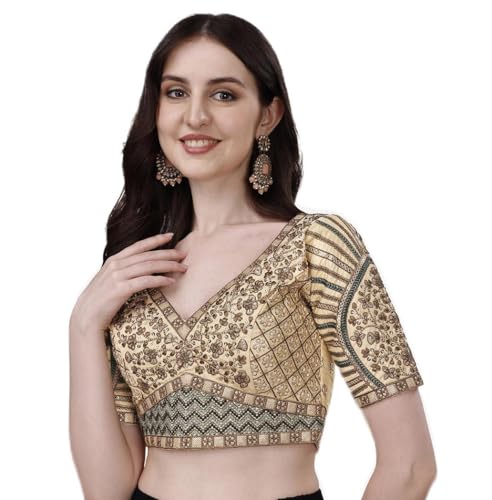 Image of Pujia Mills Mills Women's Fancy Readymade Heavy Coding Embroidary Worked Half Sleeve Multicolor Saree Blouse(Mushroom)