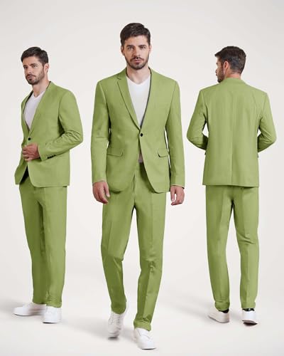 Image of MY'S Men's 2 Piece Regular Fit Linen Suit Set, One Button Lightweight Jacket Pants for Business, Casual, or Prom