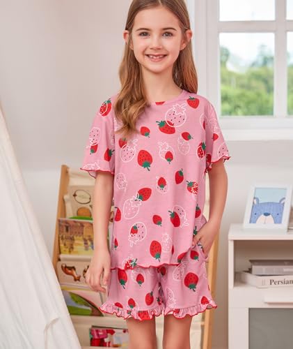 SWOMOG Girls Pajama Set 2 PCS Short Sleeve Tops & Ruffled Shorts with Pocket Girls Summer Pajamas Age 6-153
