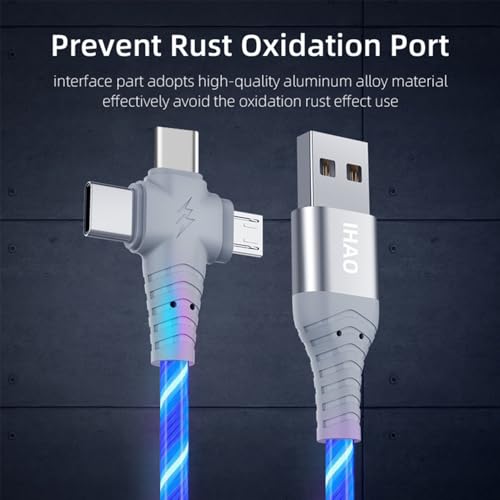 Image of IHAO Multi Ports Light-Up USB Cable USBA to USBC /MicroUSB Cable Durable Fast Charging Cable with Visible Current Flow As Night Light Use-3in1 Blue