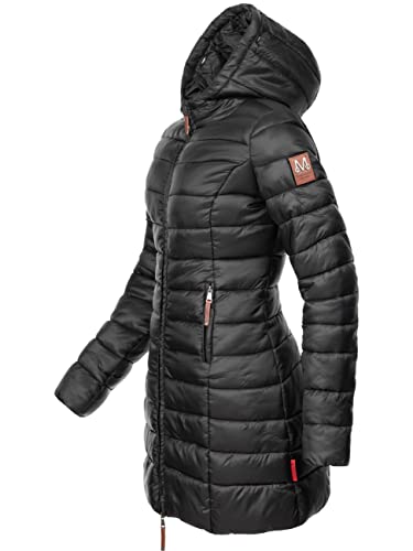 MARIKOO Damen Wintermantel warmer Steppmantel lang mit Kapuze und abnehmbarem Kunstfell-Kragen Rose Schwarz Gr. XL