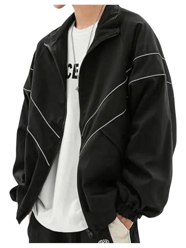 Image of GORGLITTER Men's Hip Hop Jacket Contast Binding Zip Up Long Sleeve Windbreaker Coats Black Small