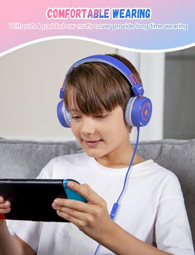 Image of New Bee 2 Pack Kids Headphones with Microphone, 85dB /94dB Safe Volume Limited Childrens Headset, Foldable Wired Toddler Headphones Over Ear for School Travel Mac /Android /Kindle /Tablet /Pad Blue Pink