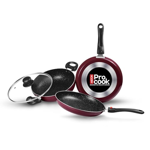 Milton Pro Cook Kitchen Pride Set of 3 Non Stick Cookware | PFOA Free Coating, Non Induction | Includes Nonstick Tawa, Fry Pan, Kadhai with Glass Lid,