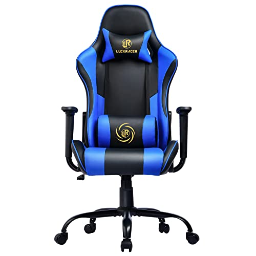 LUCKRACER Gaming Stuhl Bürostuhl Gamer Ergonomischer Stuhl die erneuerten befestigten stabileren Armlehnen Einteiliger Stahlrahmen Blau Cover