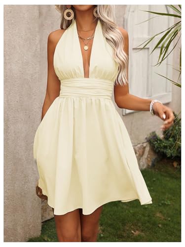 Image of Floerns Women's Backless Halter Dress Sleeveless Ruched Flare Hem A Line Dresses
