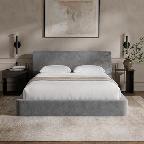 Image of RECCI AirFrame Queen Bed Frame with Ergonomic Angled Headboard, 360 Cushioned Platform Bed Frame, Low Profile Minimalist Soft-Frame Bed, No Box Spring Needed, Easy Assembly, Moon Grey