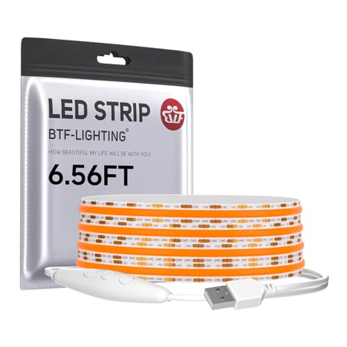 BTF-LIGHTING Dimmable USB FCOB COB Orange Bande LED 2M 640LEDs Haute Densité 5V Flexible Ruban LED Lumière Ultra Bright CRI90+ pour Rétroéclairage TV...