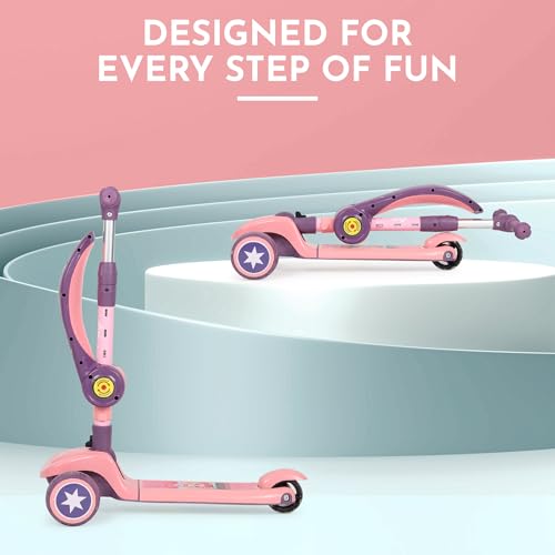 Image of Foldable 3 Wheel Kids Scooter with Seat | 4-Level Adjustable Handlebar | PU LED Wheels | Light & Music | 2 in 1 Skate Cycle Scooter for Boys & Girls 3-10 Years (KS-113 Pink /Purple)