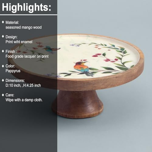 Image of SAAGA Begonia Round Printed Wooden Cake Stand | 9.75 x 4.75 Inch Mango Wood Cake & Pizza Display Stand | Decorative Dessert Platter for Dining Table, Parties & Celebrations