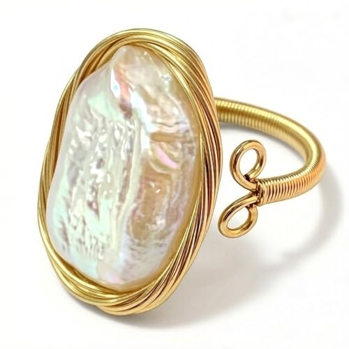 Andaxe Handcrafted Baroque Pearl Ring Winding Design Opening Adjustable 14k Gold Plated Material,White