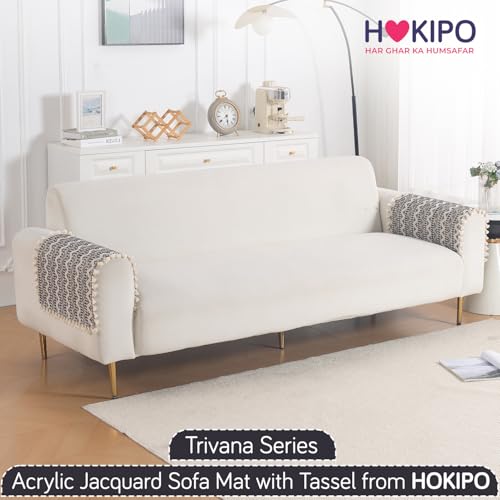 Image of HOKIPO Sofa Arm Cover with Tassel | 300 GSM Thick Cotton Acrylic Jacquard Armrest Mat, 50x70 cm, Pack of 2,'Trivana Series' Charcoal Black (IN-931-J6*2)