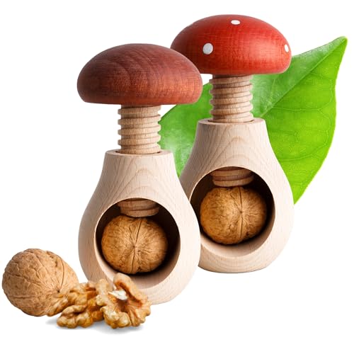 Creative Home Nussknacker Holz Set 2 Stück | Fliegenpilz und Steinpilz Form | 10 x 6 cm | Natürliches Buchenholz | mit Schraubmechanismus | Schraubgewinde | Massiv & Nützlich Nussknack