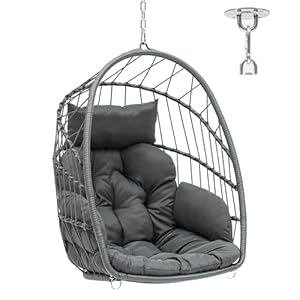 YITAHOME Hängesessel Max. Belastung 150kg Hängestuhl ohne Gestell 2 Kissen, Stabiler Rattan-Rahmen, 105x74x72cm Hängesessel Hängend mit Einer Kette & S-Haken für Terrasse, Garten, Wohnzimmer, Grau