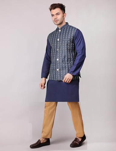 Image of Men's Cotton Silk Blend Regular Kurta Pyjama, Embroidered Nehru Jacket /Waistcoat Set