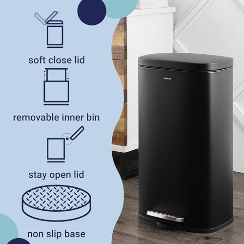 Image of happimess Curtis 8 Gal Step Trash Can Soft Close 25 inch, Charcoal Black | Stainless Steel, Fingerprint Resistant Satin Finish, Removable Liner, Steel Pedal, 20 Trash Bags Included, Kitchen Bin