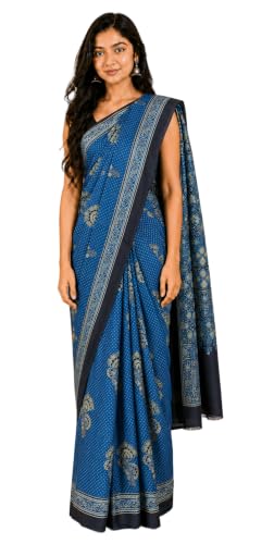 Image of Ethnics of Kutch Womenss Ajrakh Modal Silk Natural Dye Hand Block Print Saree with Blouse Piece - 5.5 Mtr Length