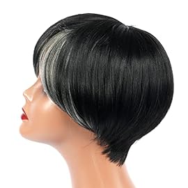 ToyoTress Short Pixie Cut Wigs - 4 Inch Black With White Bangs Short Layered Wig For Black Women, Light Yaki Straight Daily Costume Synthetic Hair Wigs Heat Resistant