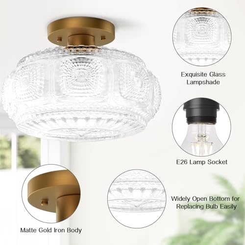 Image of 11 Inch Globe Glass Semi Flush Mount Ceiling Light Fixture, Gold