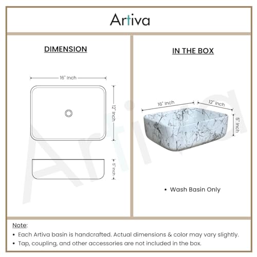 Image of Artiva Ceramic Wash Basin /Tabletop Washbasin For Bathroom,12 inchx16 inch /Small Countetop Bathroom Basin /Table Top Basin For Home,Office,Hotel /Rectangle Glossy Sink (Frost-White,12x16 Inch)