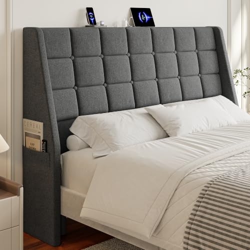 Image of Queen Size Headboard with Charging Station, Wingback Ergonomic Headboards | Wingback Upholstered Bed Head Board with Storage Pocket, Sturdy Stable Solid Wood Headboard, Bed Frame Adapters, Dark Grey
