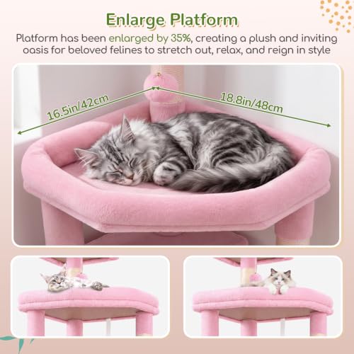 Image of Globlazer Extra Large Platform Cat Tree, 65in Sturdy Cat Scratching Tree for Indoor Cats Large Adult, Big Cat Perch Tower with 3 Padded Perches, 6 Scratching Posts, Cat Condo, Hammock, S65, Pink